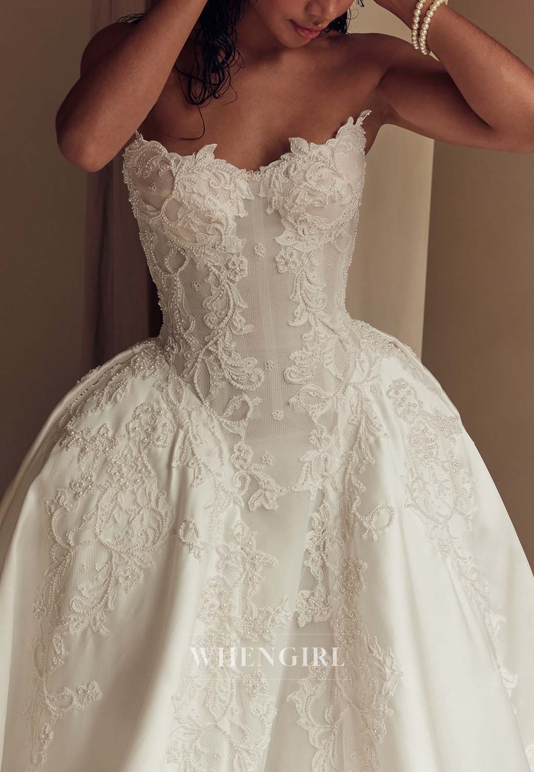 Ball Gown V Neck Sleeveless Pearls Beading Appliqued Court Train Wedding Dress