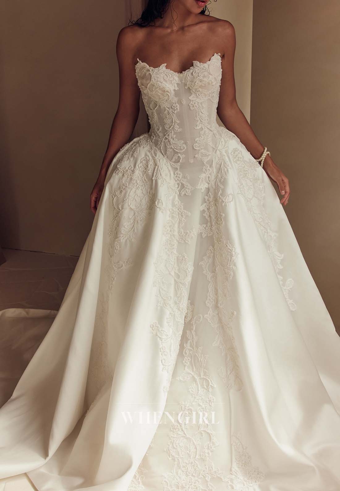 Ball Gown V Neck Sleeveless Pearls Beading Appliqued Court Train Wedding Dress