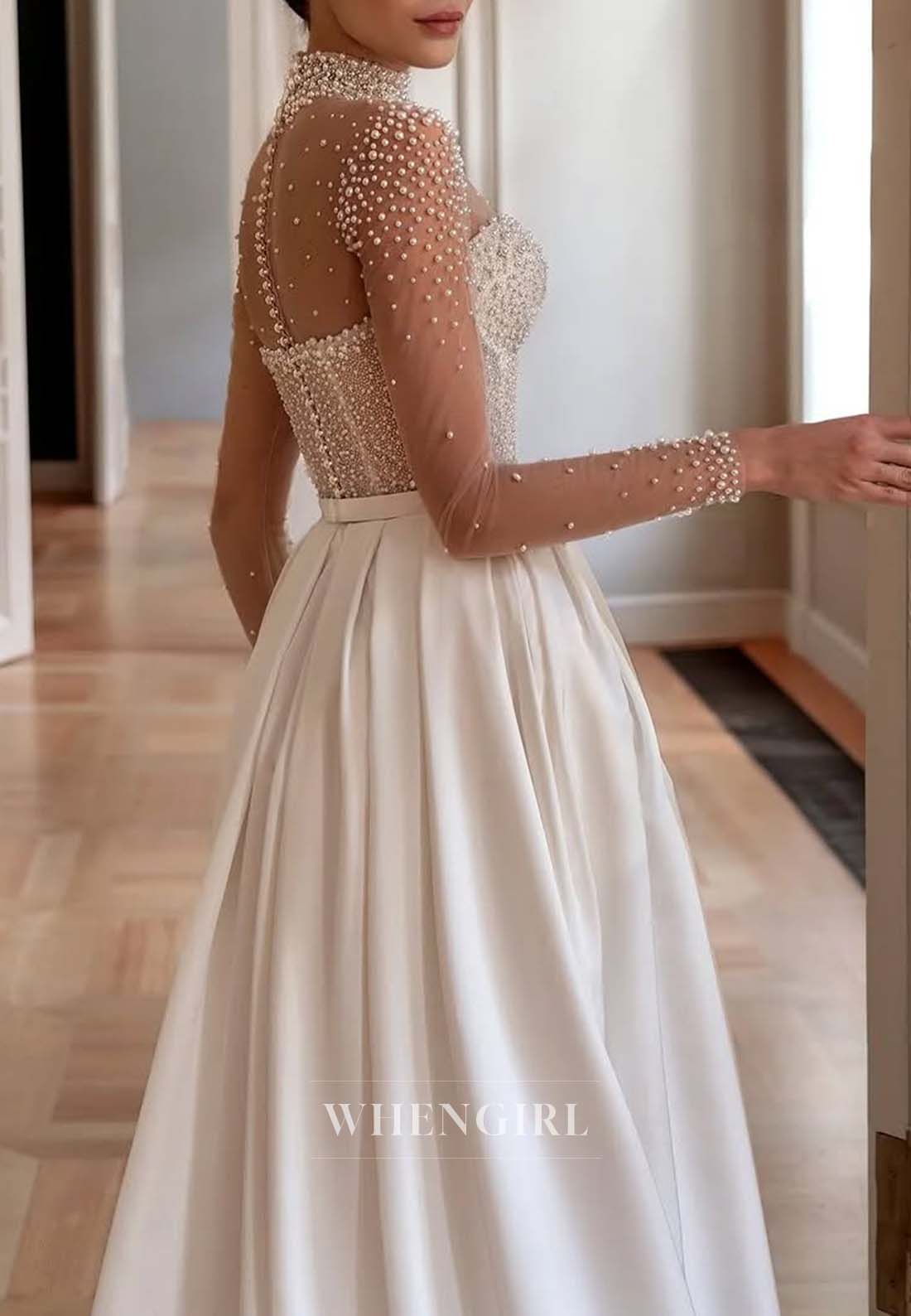 Beaded High Neck Long Sleeves A-Line Button Sweep Train Wedding Dress