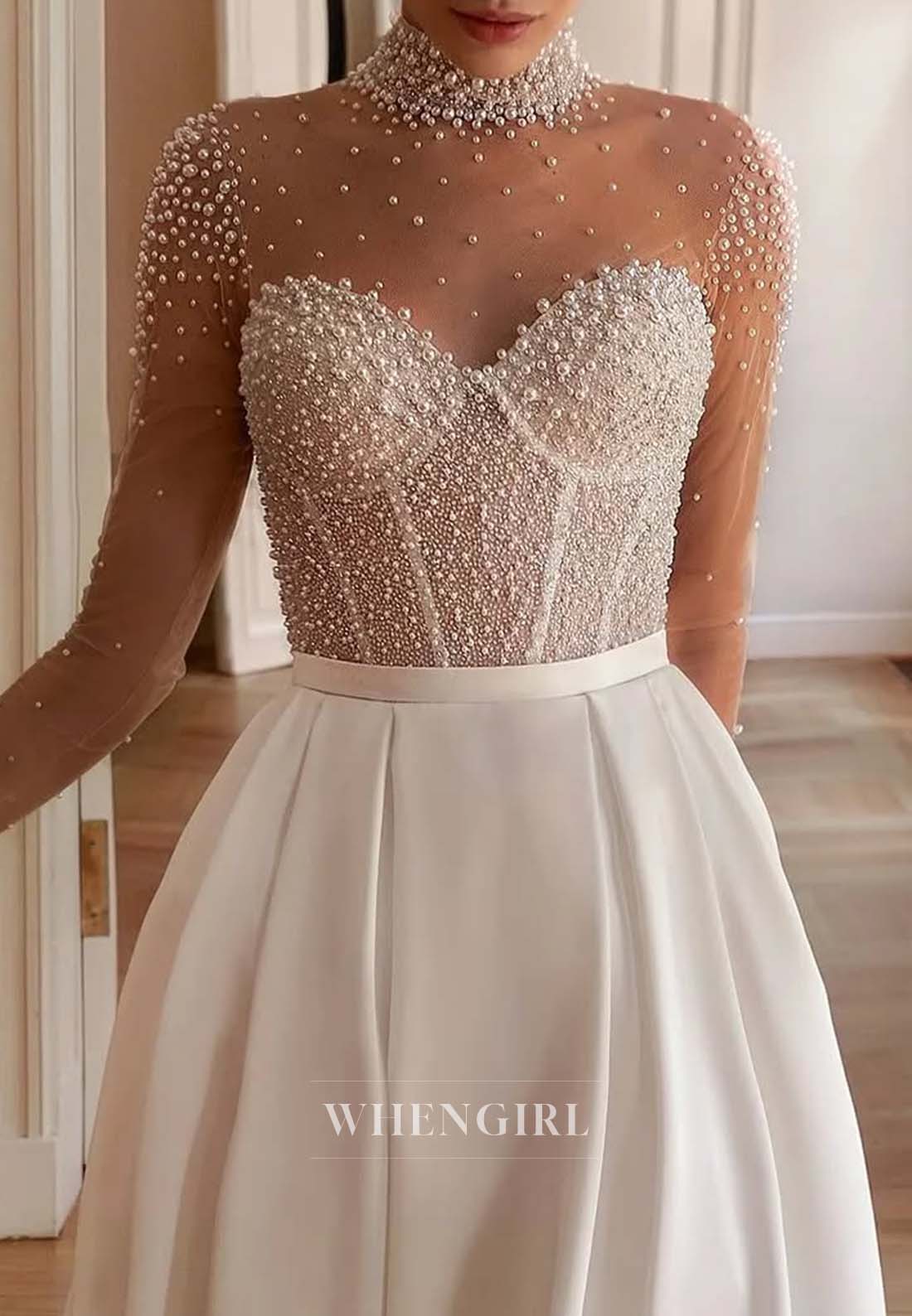 Beaded High Neck Long Sleeves A-Line Button Sweep Train Wedding Dress