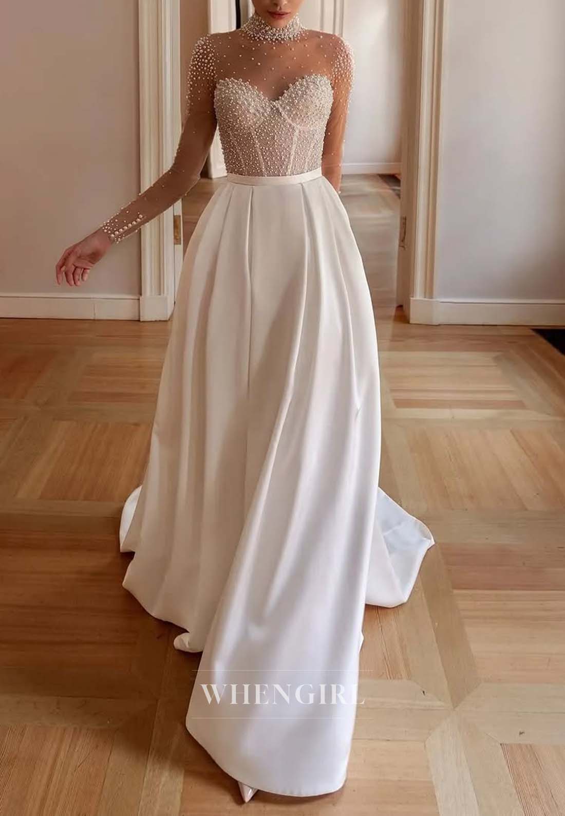 Beaded High Neck Long Sleeves A-Line Button Sweep Train Wedding Dress