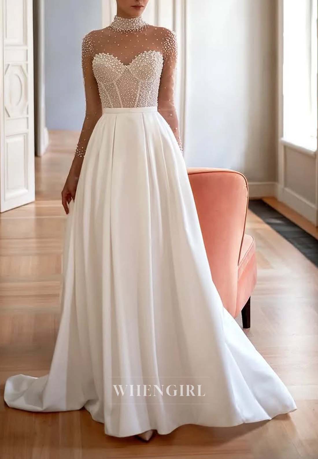 Beaded High Neck Long Sleeves A-Line Button Sweep Train Wedding Dress