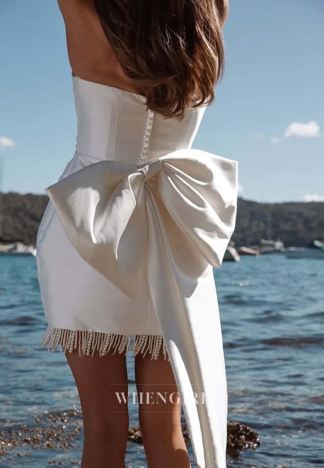 Sheath Sweetheart Tube Top Sleeveless Pleated Tassel Satin Short Wedding Dress with Bowknot