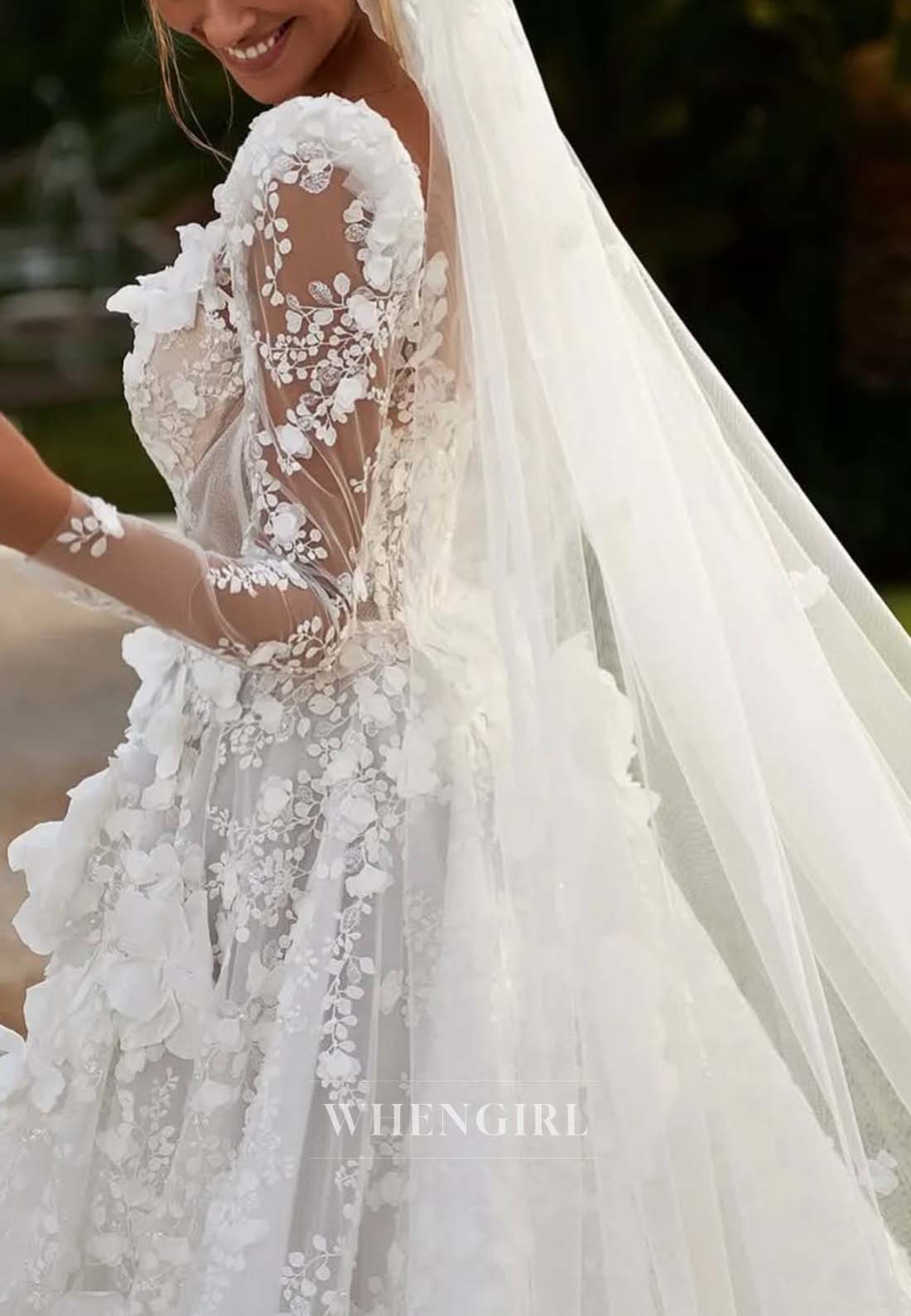 Floral V Neck Long Sleeve Appliqued Lace A-Line Sweep Train Wedding Dress