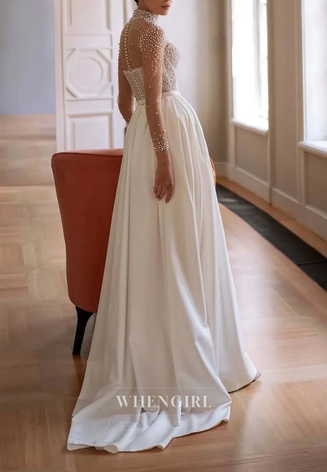 Beaded High Neck Long Sleeves A-Line Button Sweep Train Wedding Dress