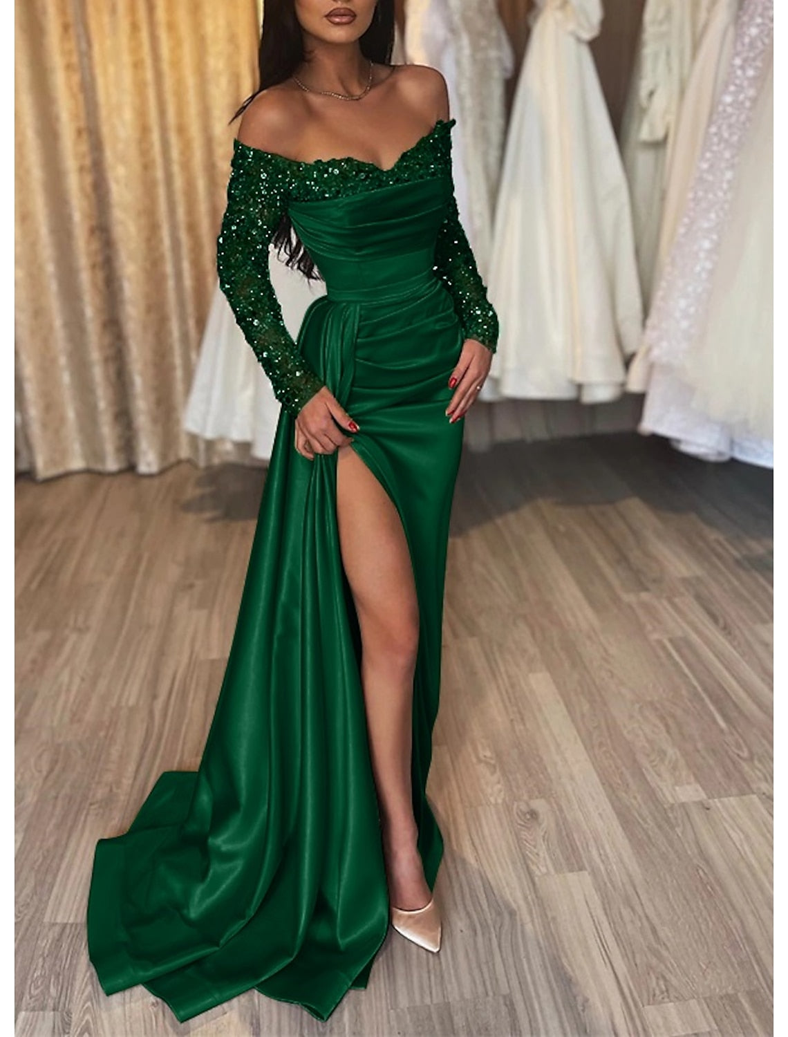 Sheath Off SHoulder Long Sleeves Pleated Long Prom Dress with Slit and Train