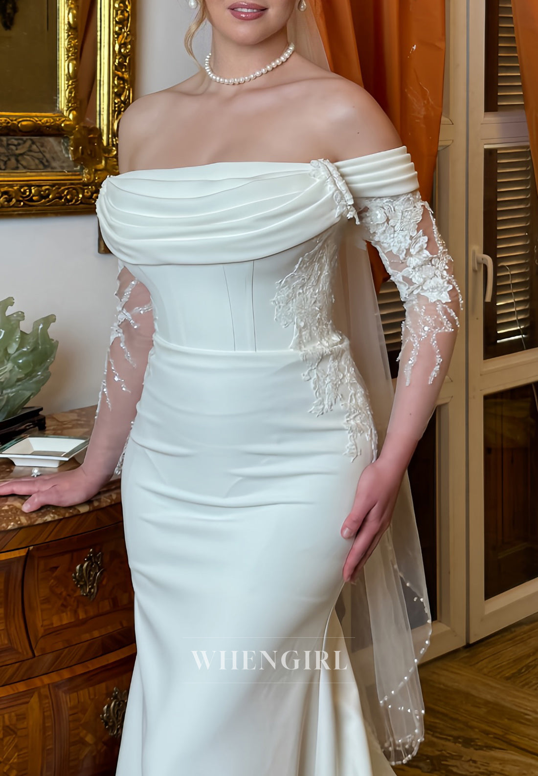 Off Shoulder Pleated Beaded Appliqued Long Sleeves Mermaid Wedding Dress with Train