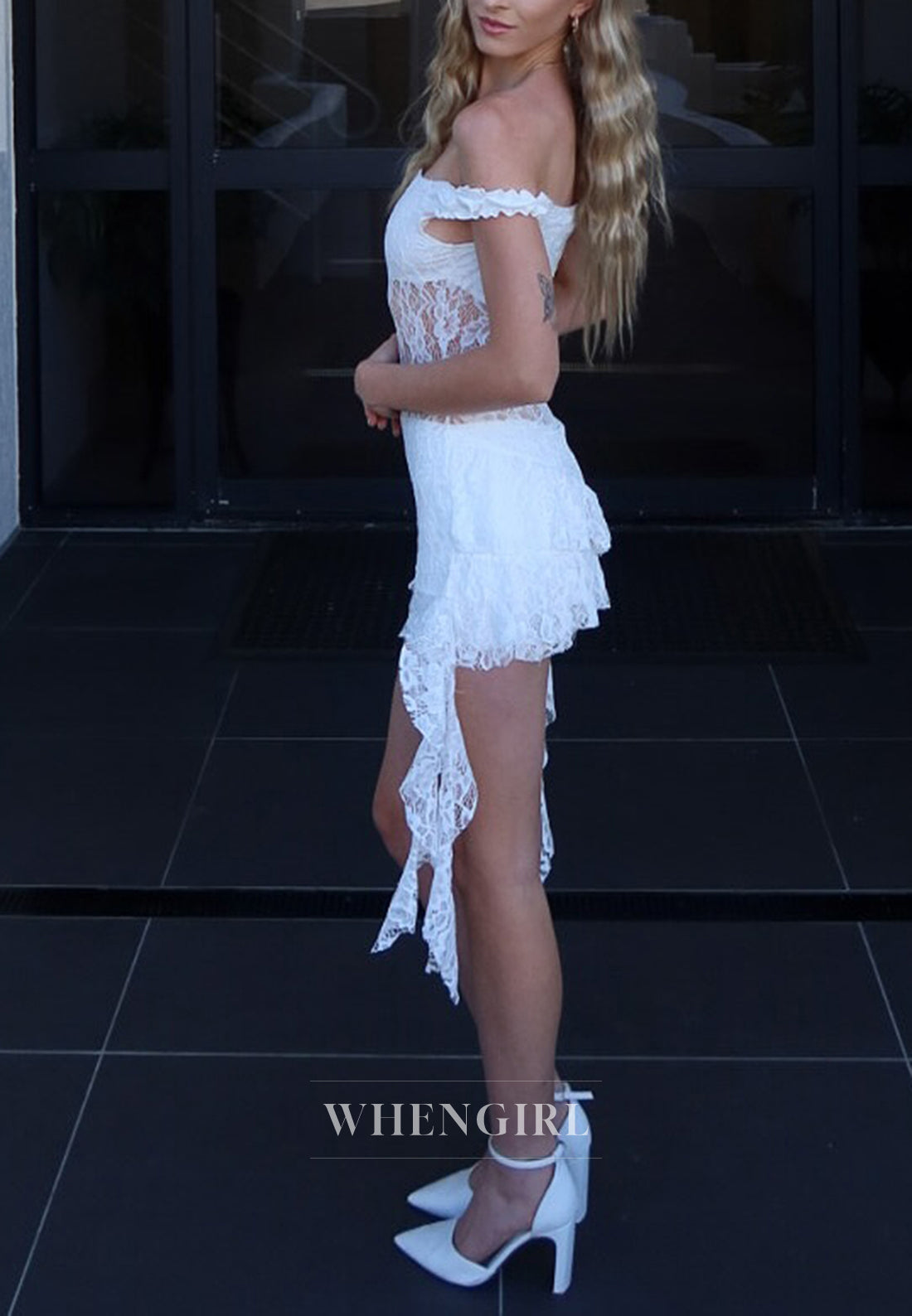 White Off Shoulder Sleeveless Sheath Lace Short Homecoming Dress