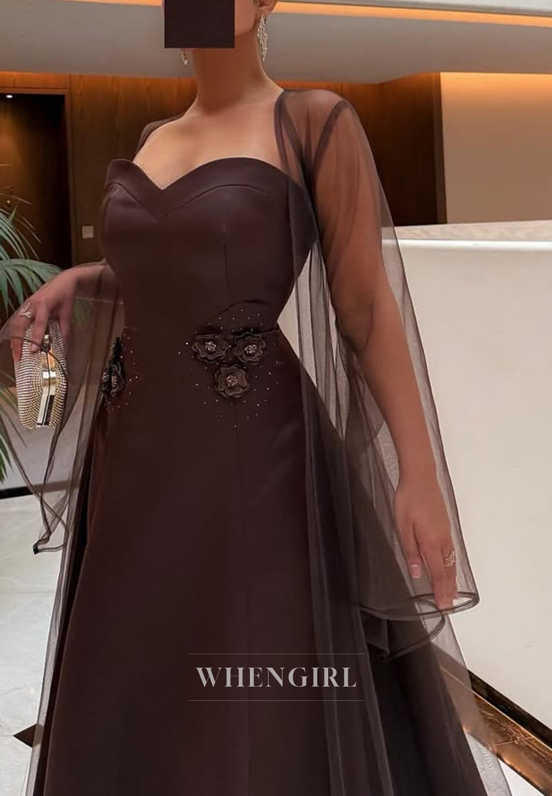 Chocolate Bell Sleeves Sweep Train Sweetheart Satin Flowers Sheath Evening Formal Dress