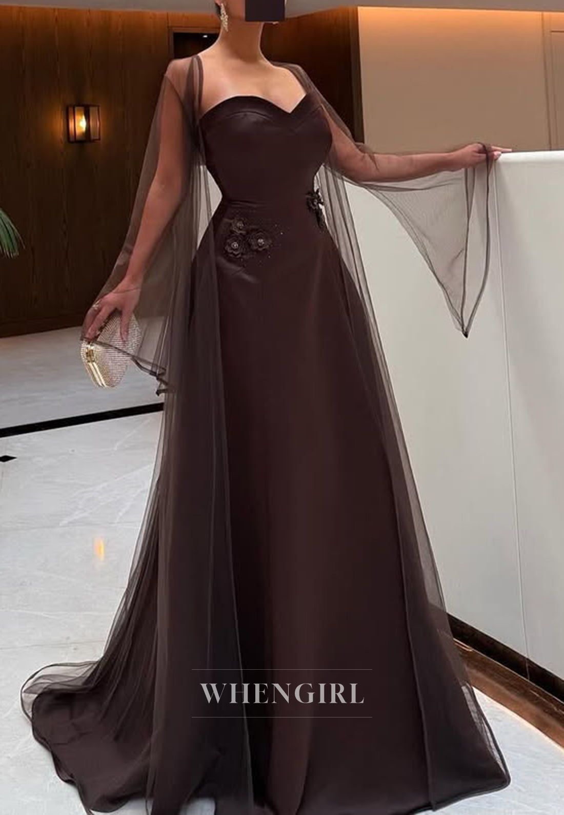 Chocolate Bell Sleeves Sweep Train Sweetheart Satin Flowers Sheath Evening Formal Dress