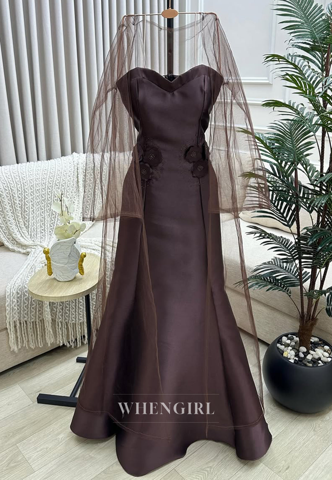 Chocolate Bell Sleeves Sweep Train Sweetheart Satin Flowers Sheath Evening Formal Dress