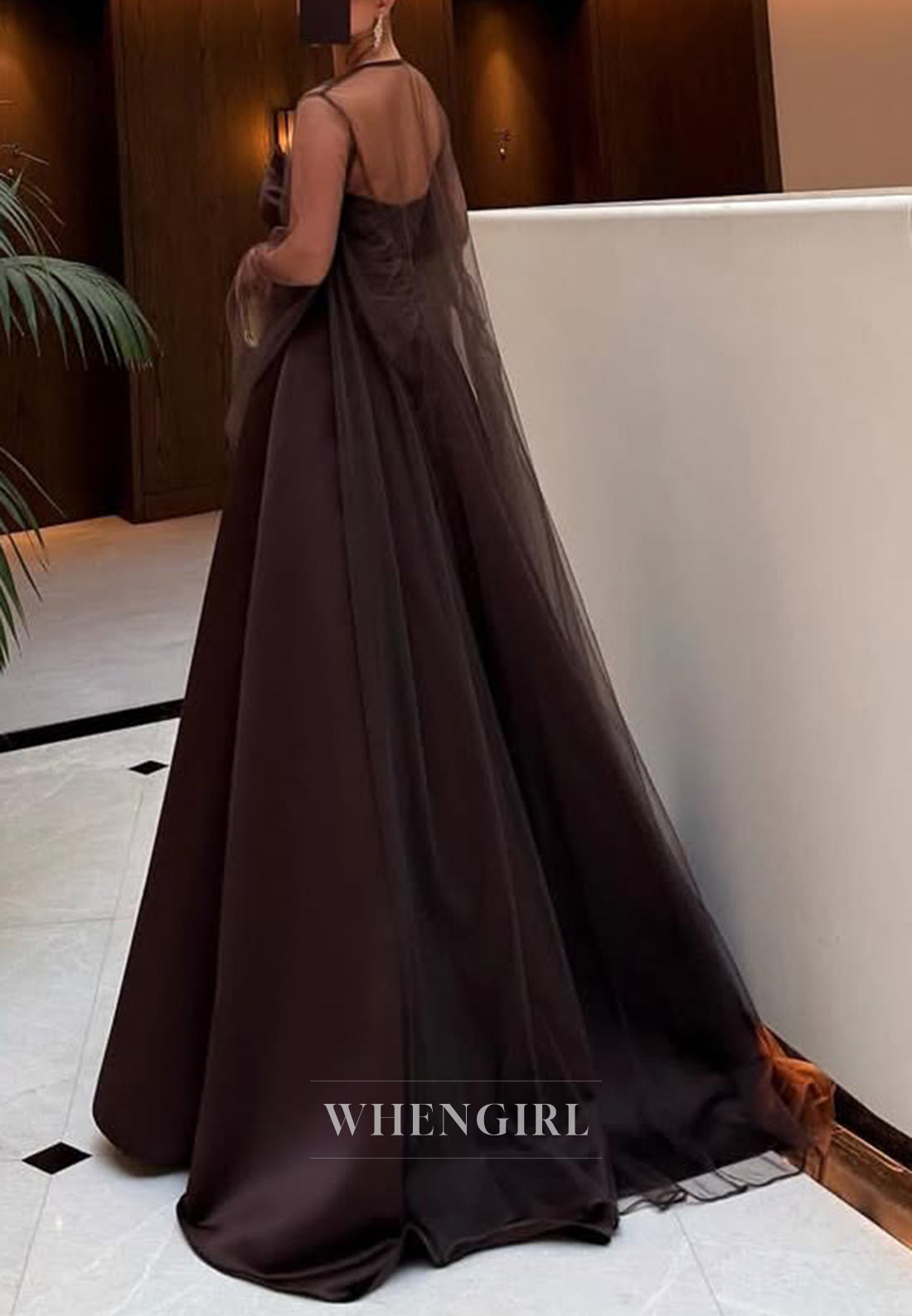 Chocolate Bell Sleeves Sweep Train Sweetheart Satin Flowers Sheath Evening Formal Dress