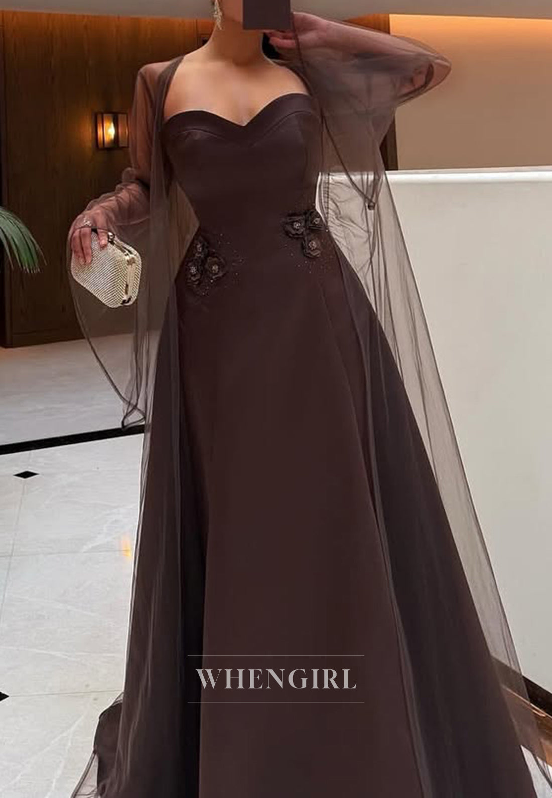 Chocolate Bell Sleeves Sweep Train Sweetheart Satin Flowers Sheath Evening Formal Dress