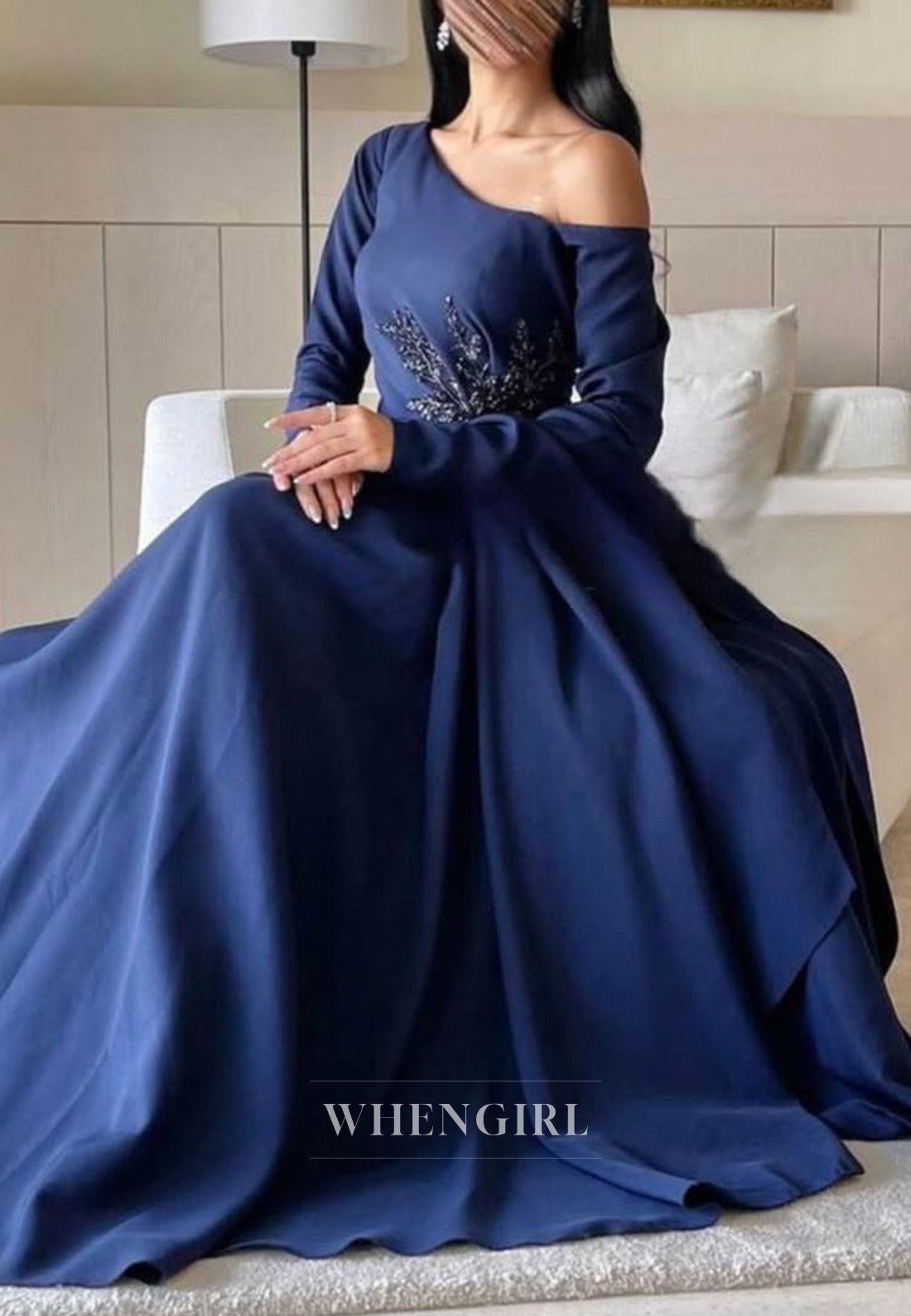 A-Line Navy One Shoulder Long Sleeves Formal Evening Gown with Sweep Train