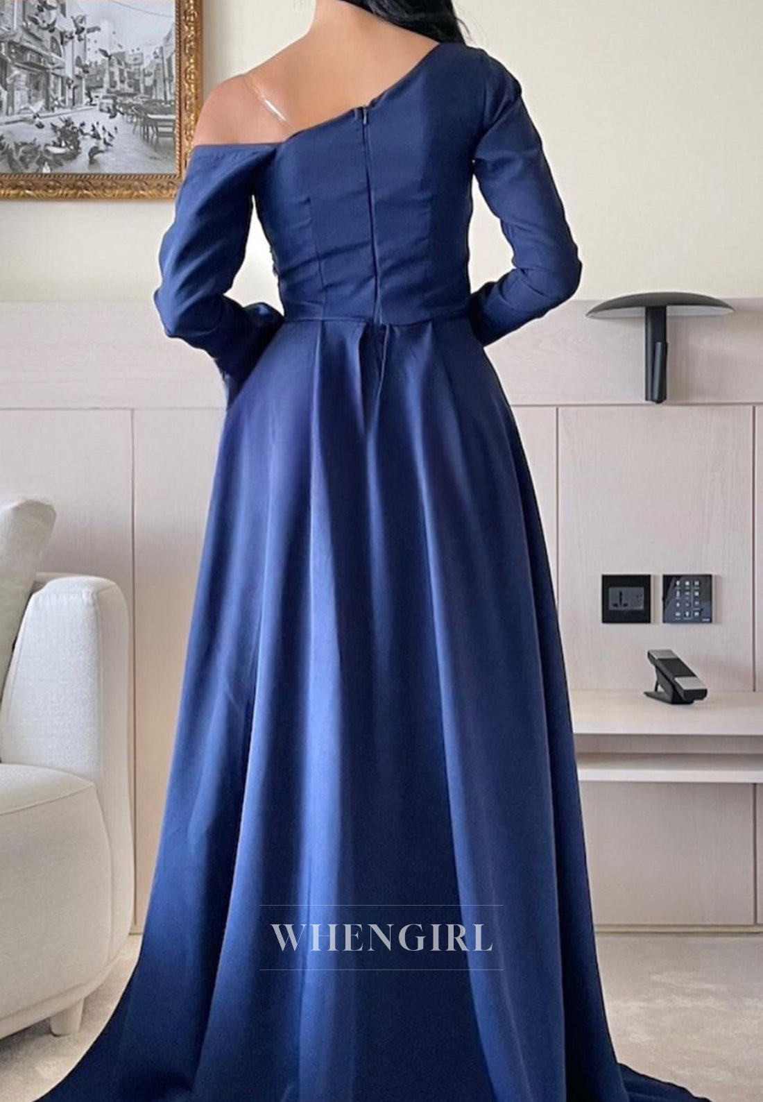 A-Line Navy One Shoulder Long Sleeves Formal Evening Gown with Sweep Train