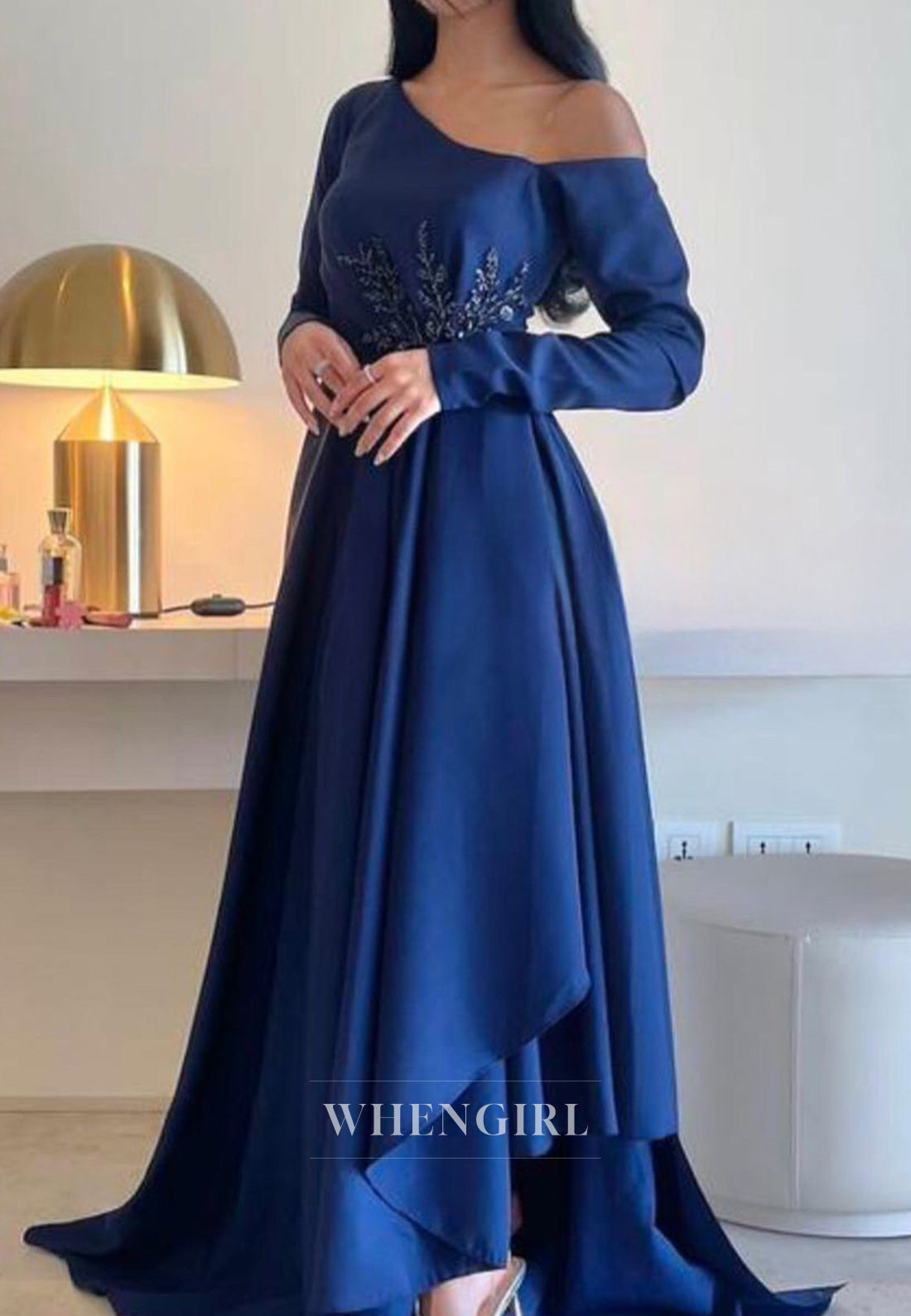 A-Line Navy One Shoulder Long Sleeves Formal Evening Gown with Sweep Train
