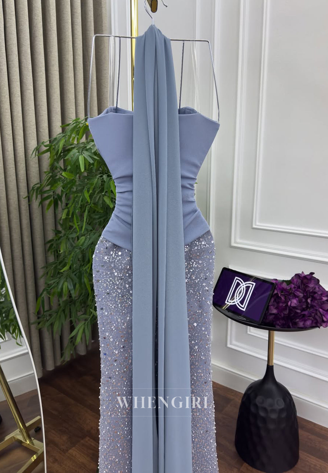 Off Shoulder Beaded Floor Length Sheath Sleeveless Formal Evening Dress