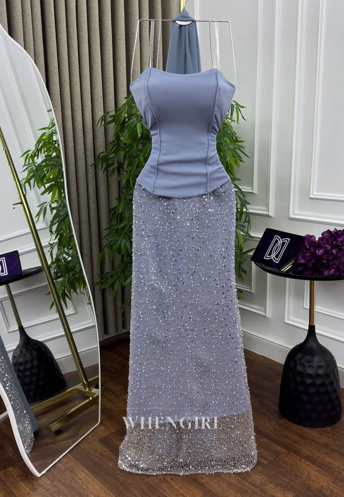 Off Shoulder Beaded Floor Length Sheath Sleeveless Formal Evening Dress