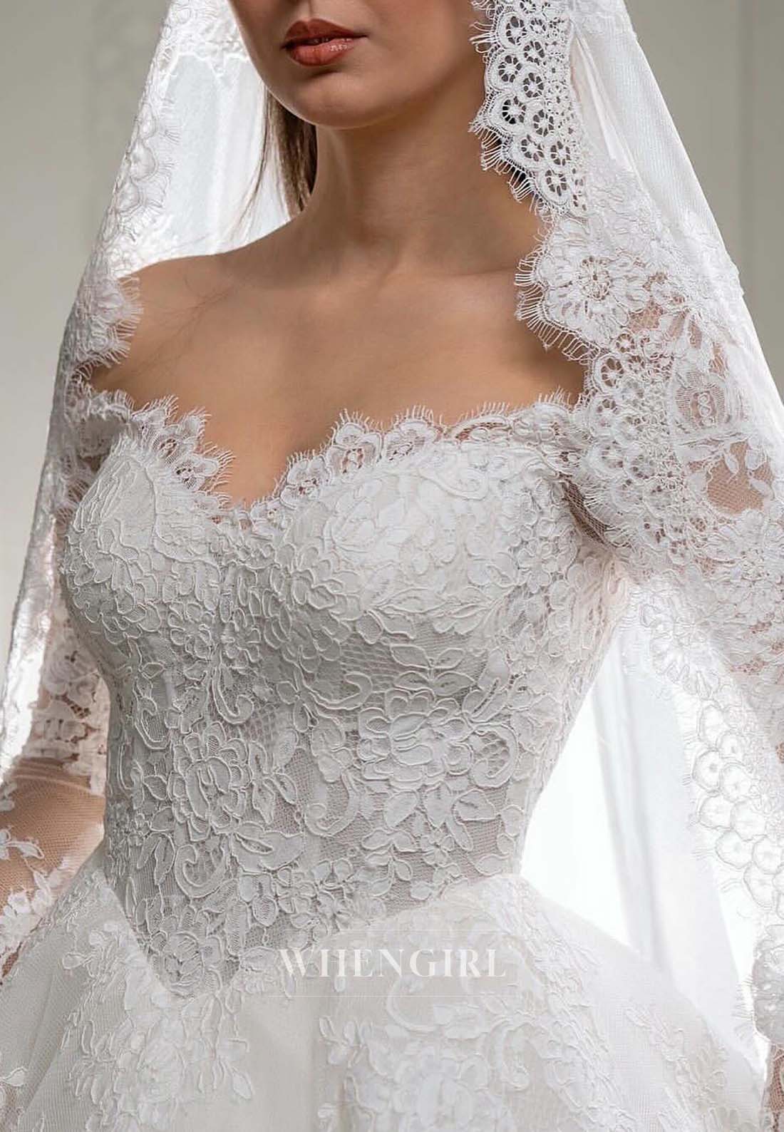 Off Shoulder Long Sleeves A-Line Appliqued Lace Long Wedding Dress