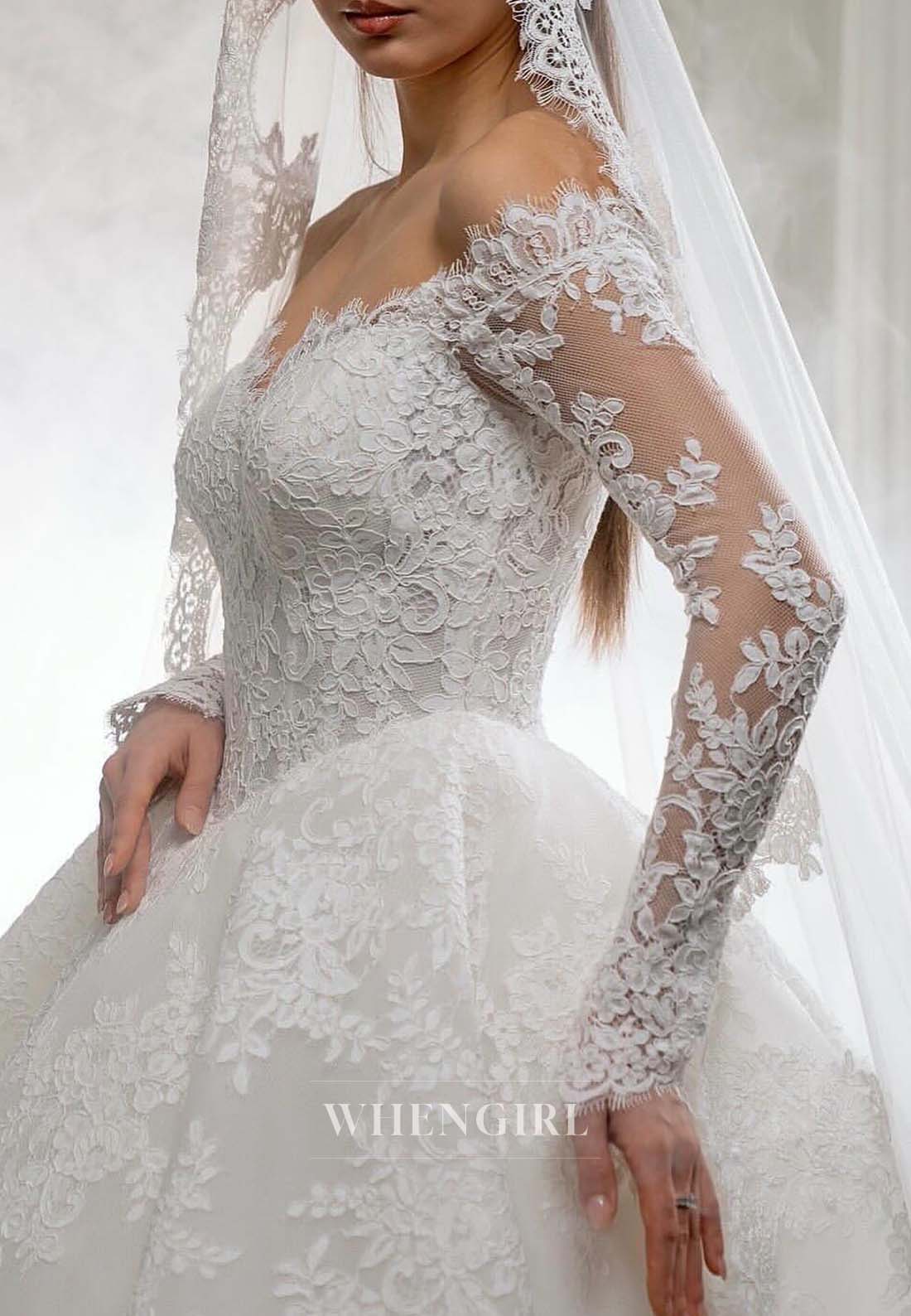 Off Shoulder Long Sleeves A-Line Appliqued Lace Long Wedding Dress