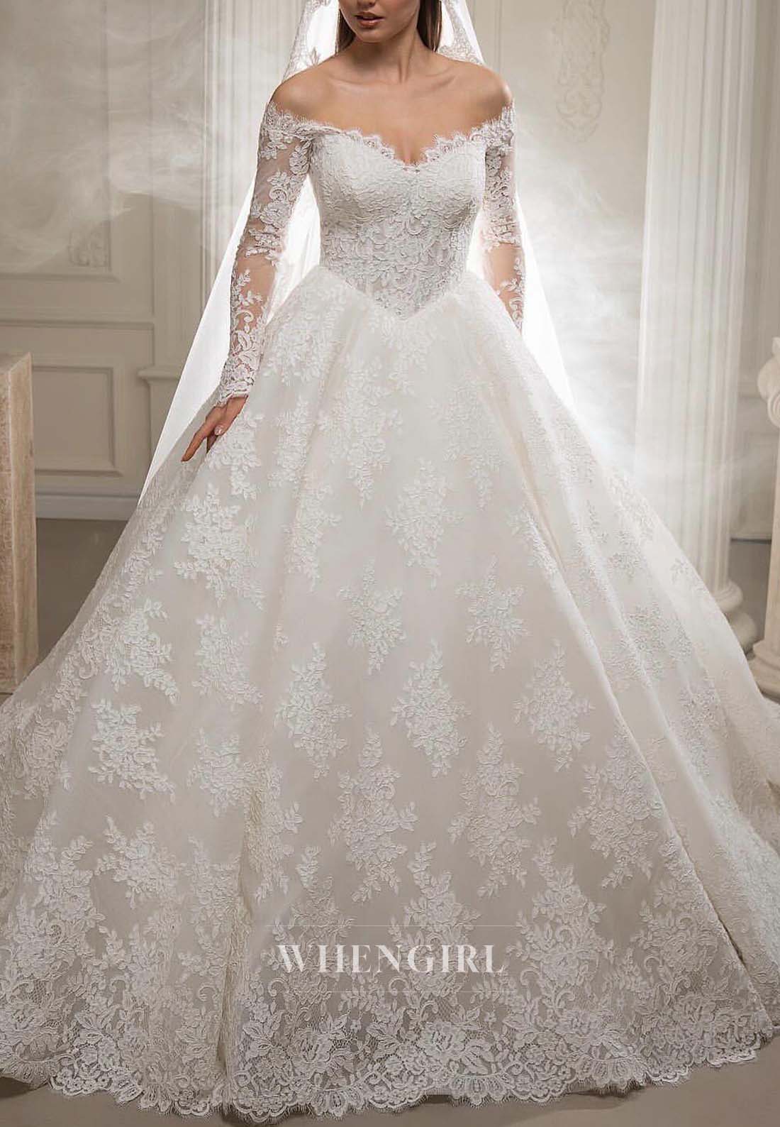 Off Shoulder Long Sleeves A-Line Appliqued Lace Long Wedding Dress