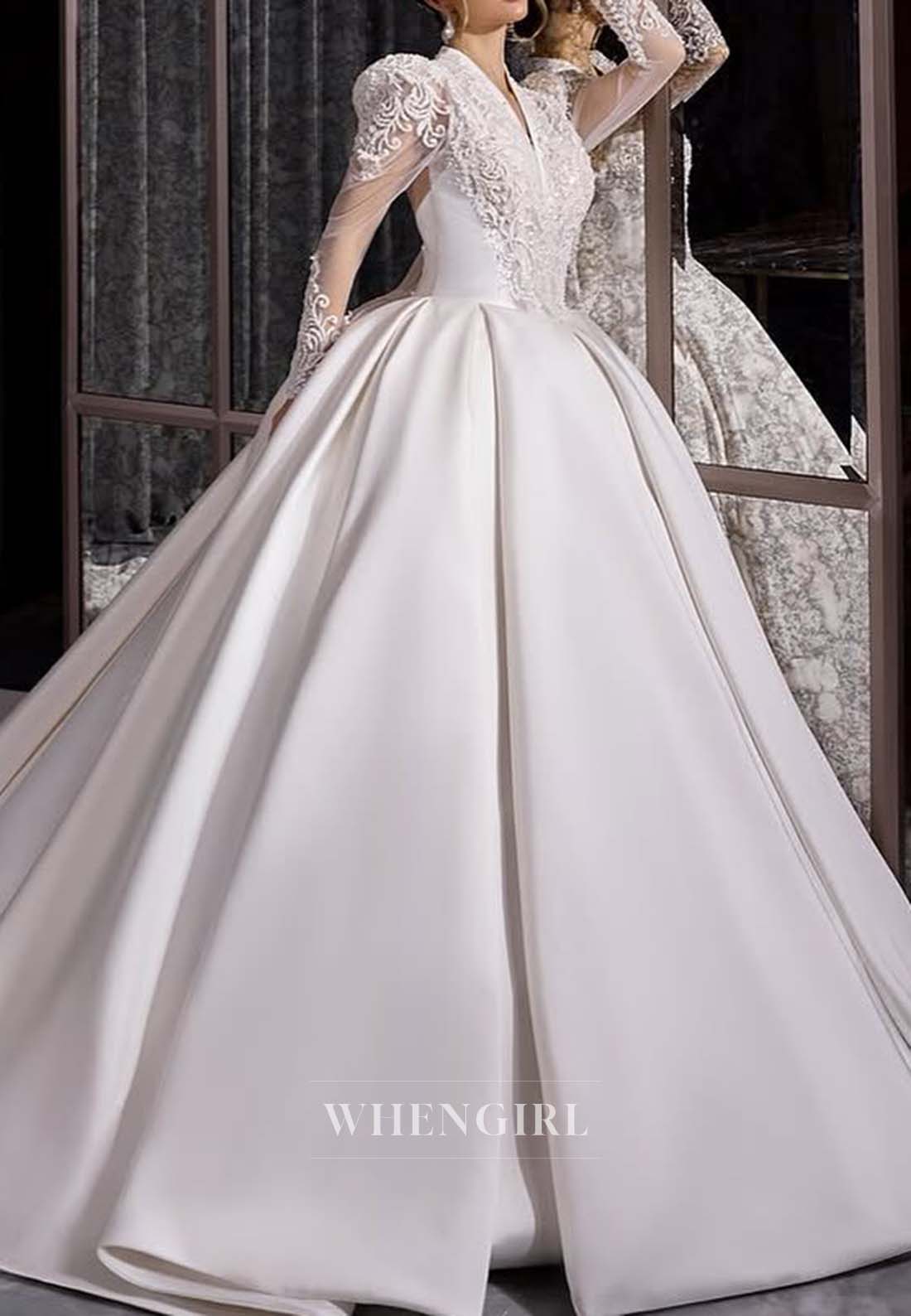 V Neck Long Sleeves V Neck Pearls Beading A-Line Bowknot Court Train Wedding Dress