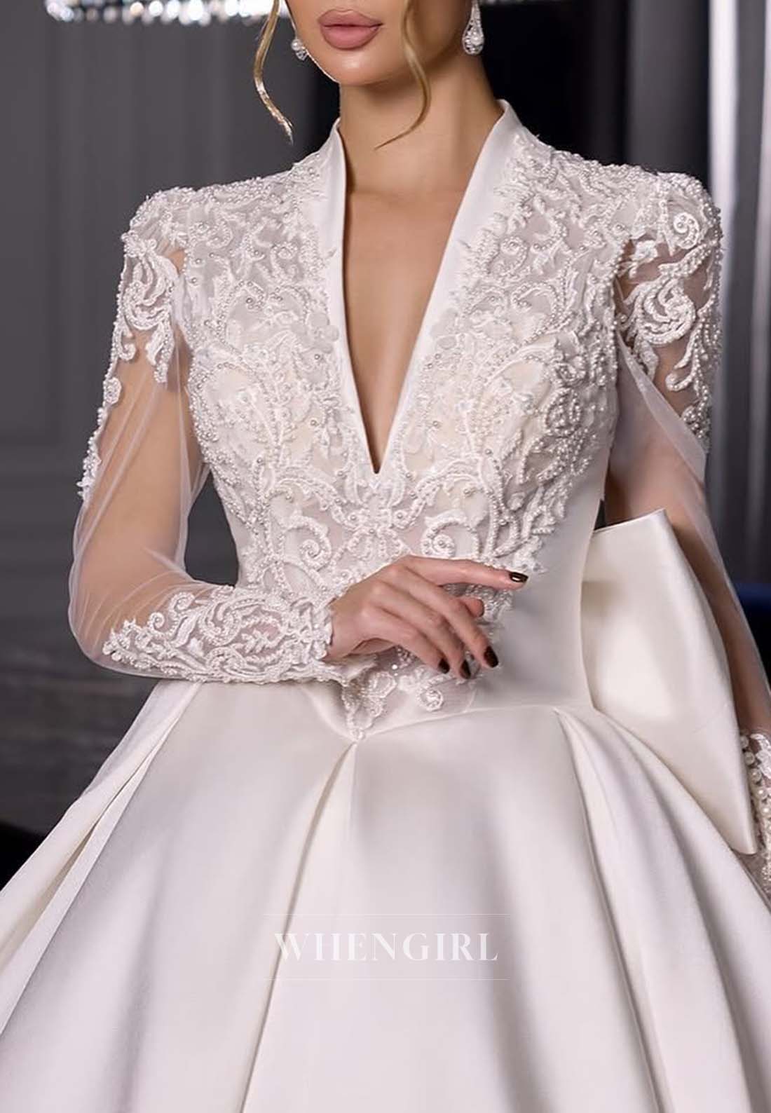 V Neck Long Sleeves V Neck Pearls Beading A-Line Bowknot Court Train Wedding Dress
