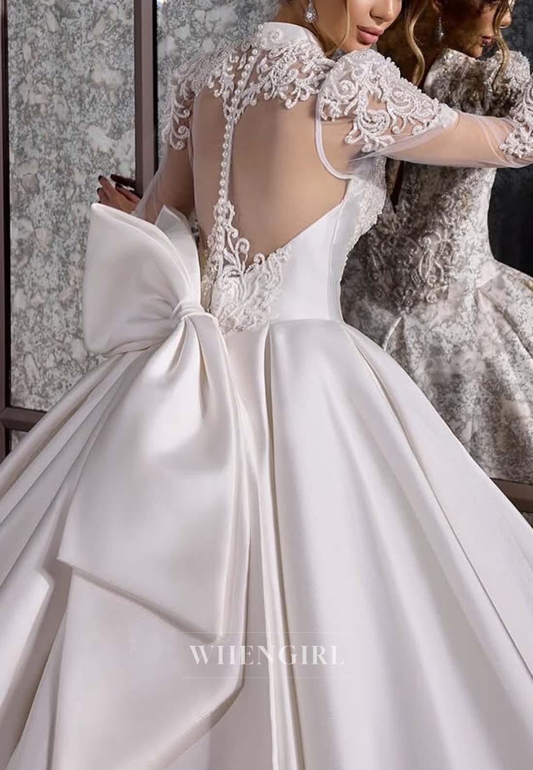 V Neck Long Sleeves V Neck Pearls Beading A-Line Bowknot Court Train Wedding Dress