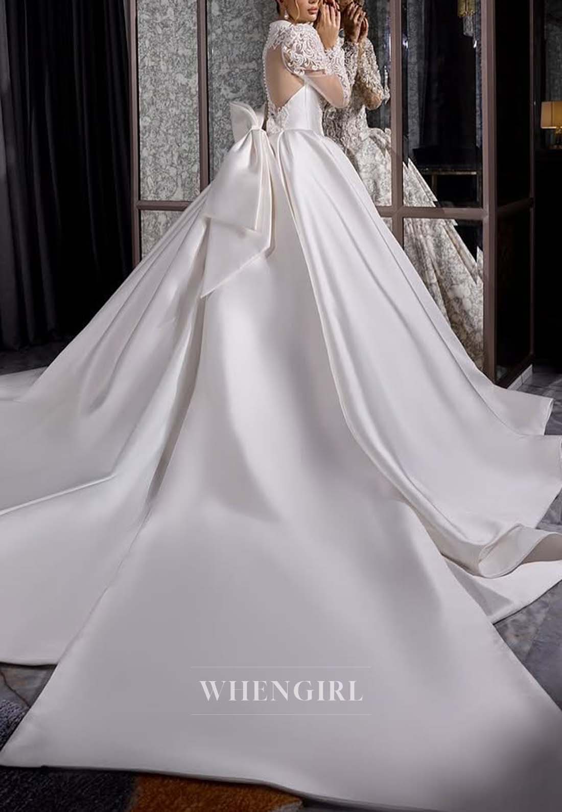 V Neck Long Sleeves V Neck Pearls Beading A-Line Bowknot Court Train Wedding Dress