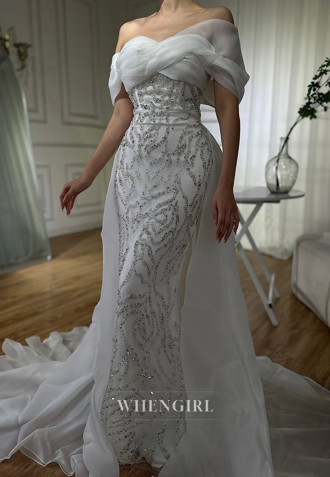 White Off Shoulder Ruched Formal Dress Beading Sheath Short Sleeves Sweep Trian Evening Gown