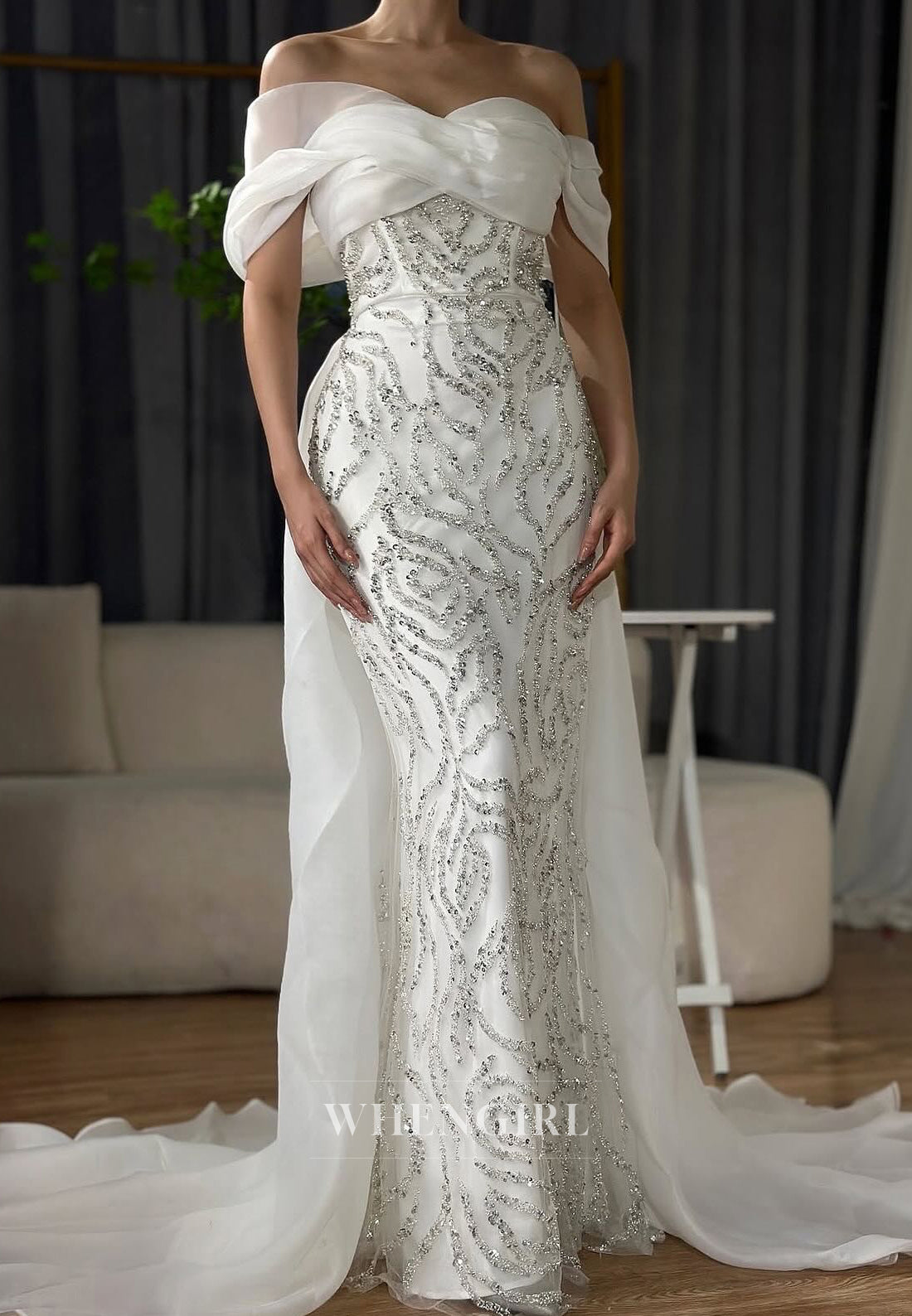 White Off Shoulder Ruched Formal Dress Beading Sheath Short Sleeves Sweep Trian Evening Gown