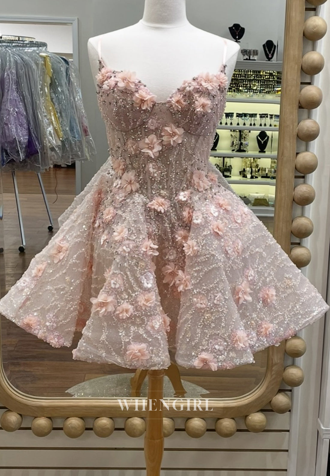 A-Line Sweetheart Spaghetti Straps Sleeveless Floral Beaded Homecoming Dress