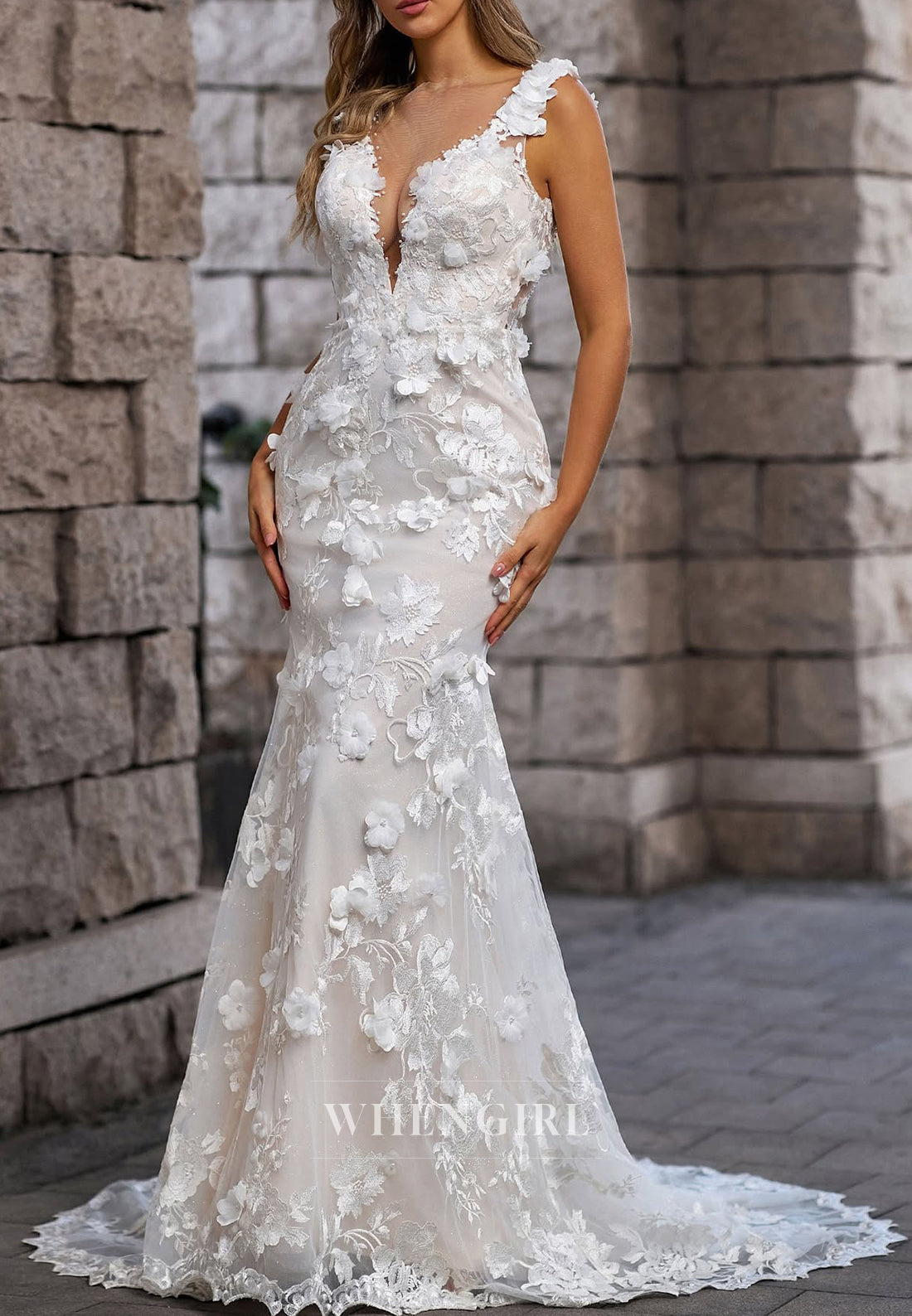 V Neck Regular Straps Sleeveless Backless Sheath Wedding Dress with Removable Train