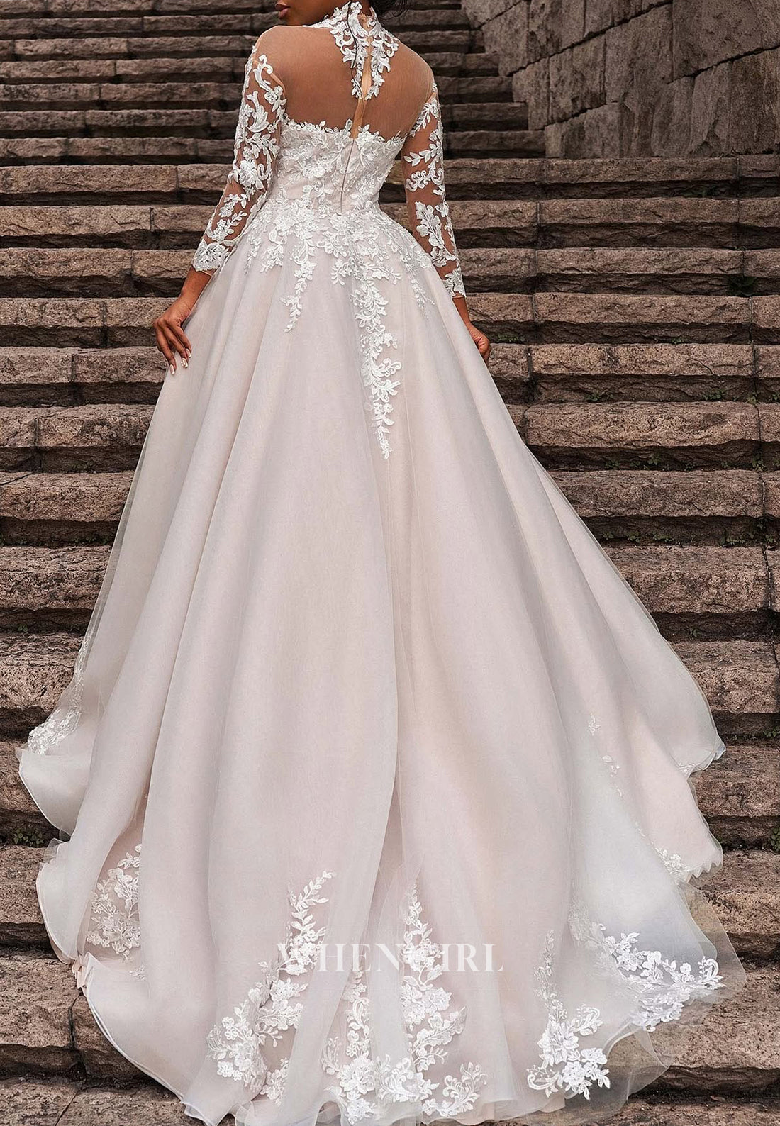Long Sleeves High neck Sheath Lace Wedding Dress with Removable Chaple Train