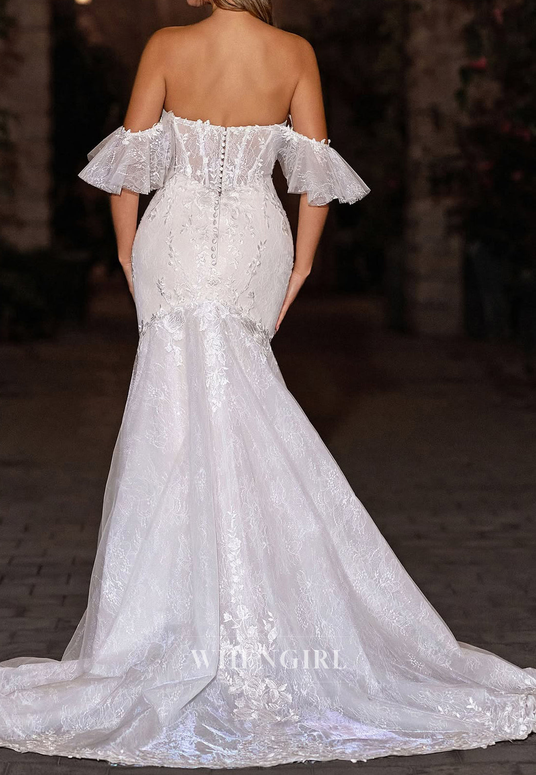 Mermaid Off Shoulder Button Sweep Train Appliqued Lace Wedding Dress