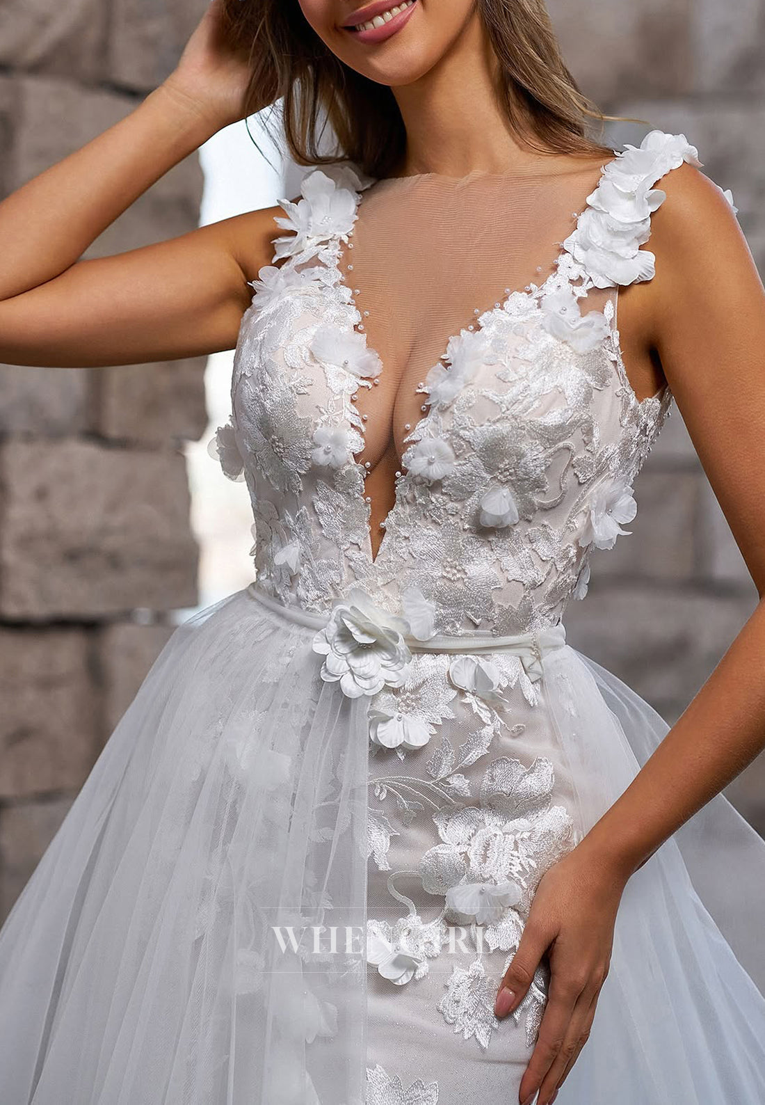 V Neck Regular Straps Sleeveless Backless Sheath Wedding Dress with Removable Train
