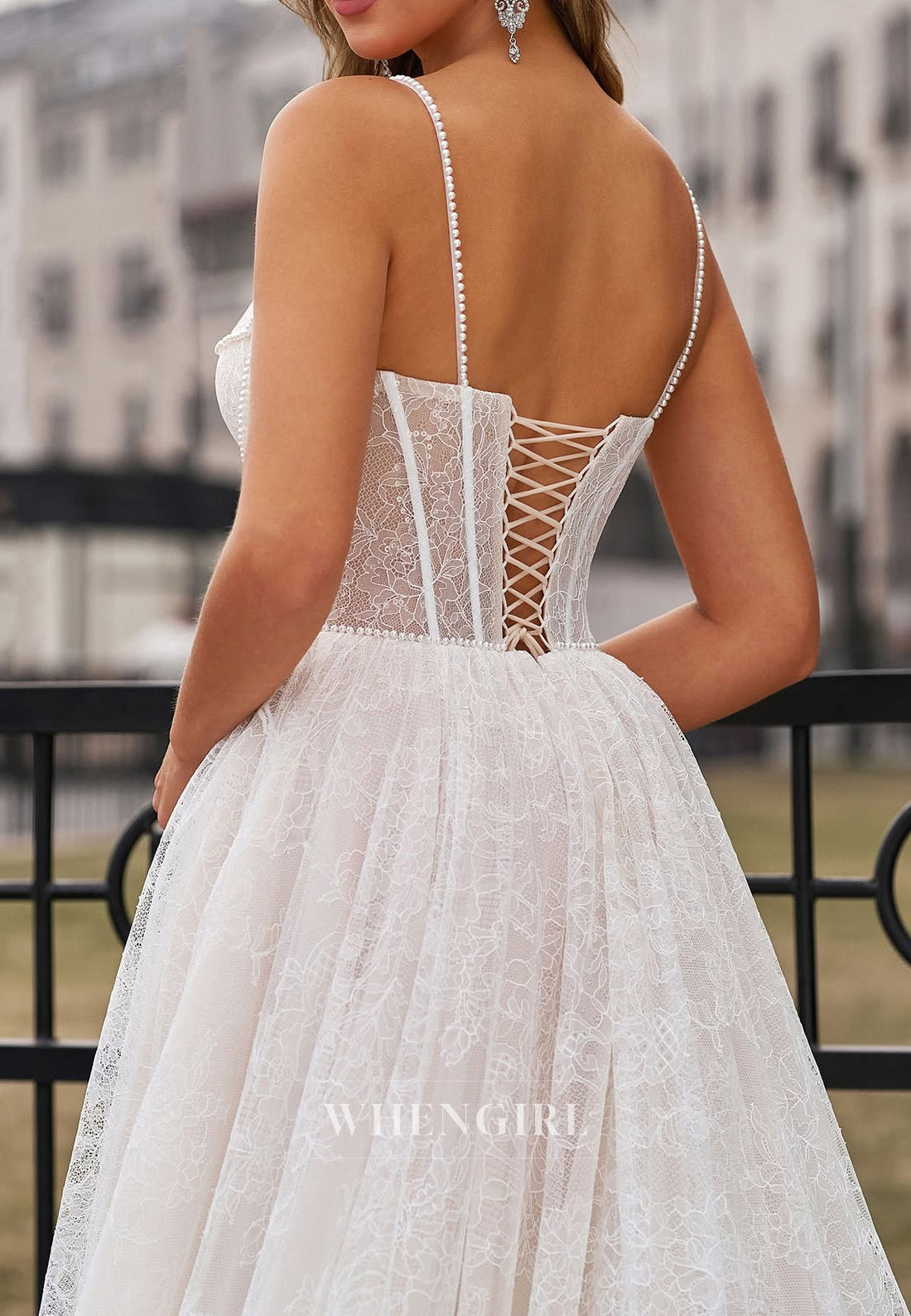 Bateau Neck Spaghetti Straps Sleeveless Corset A-Line Lace Wedding Dress with Court Train