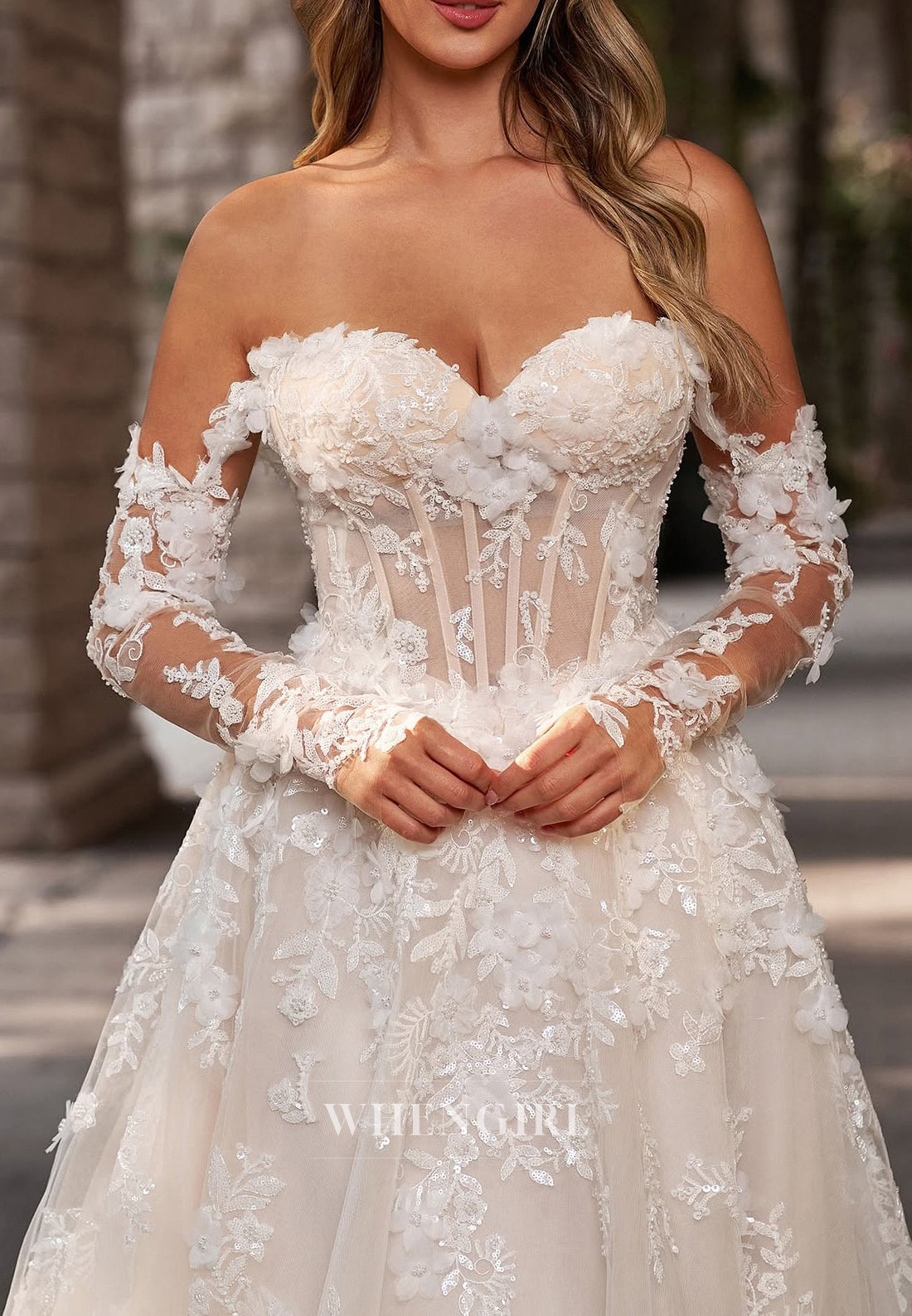 Sweetheart Long Sleeves Appliqued Lace Beaded Back Zipper A-Line Wedding Dress with Sweep Train