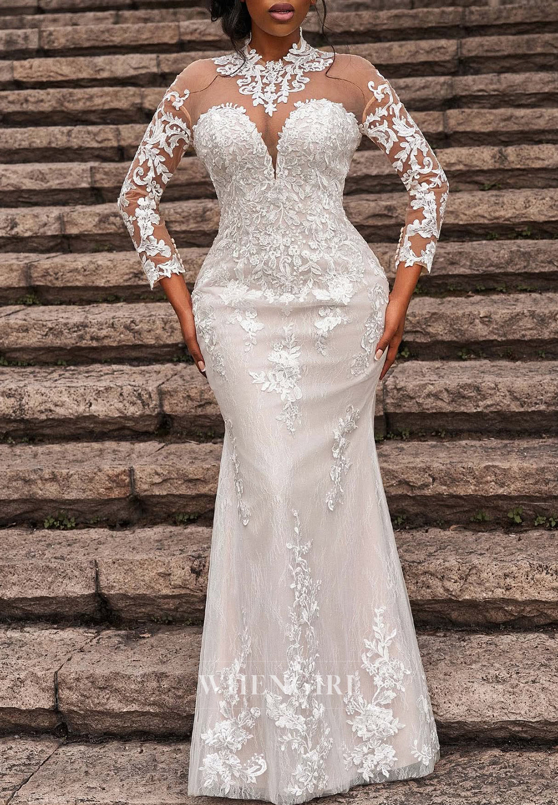 Long Sleeves High neck Sheath Lace Wedding Dress with Removable Chaple Train