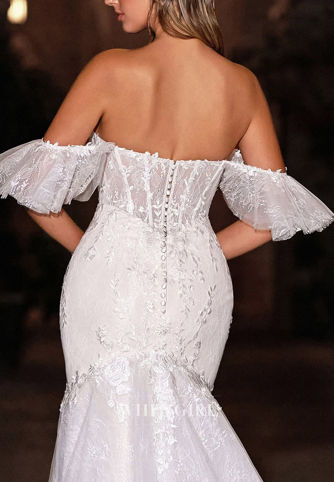 Mermaid Off Shoulder Button Sweep Train Appliqued Lace Wedding Dress