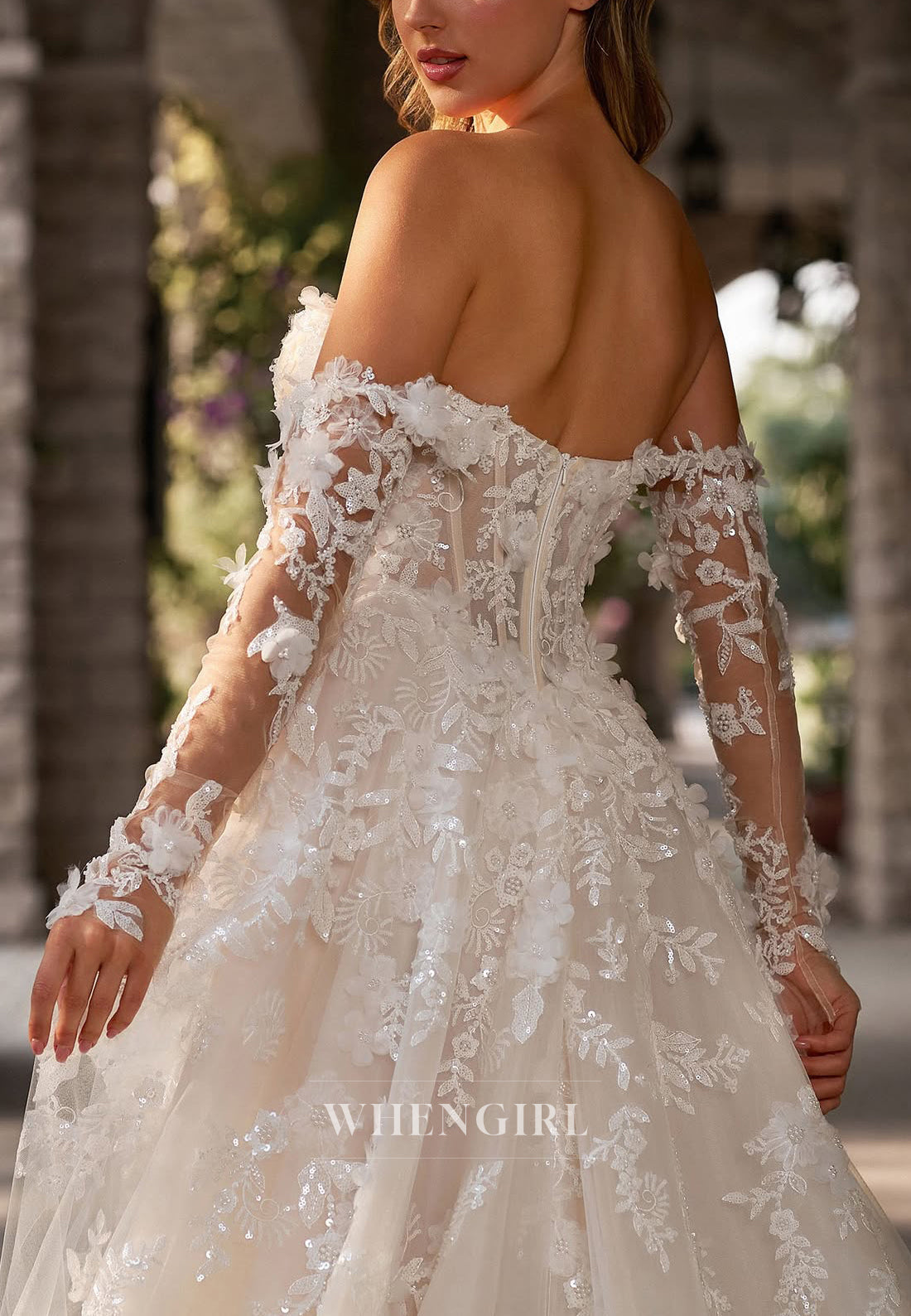 Sweetheart Long Sleeves Appliqued Lace Beaded Back Zipper A-Line Wedding Dress with Sweep Train