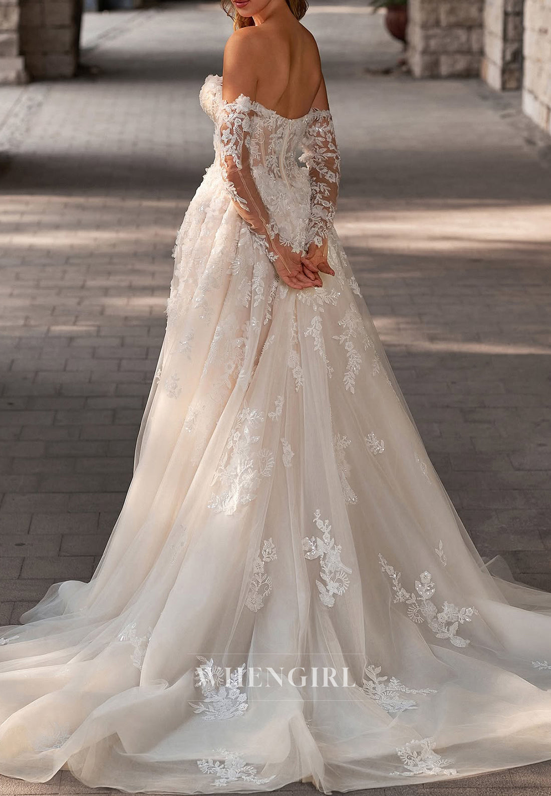 Sweetheart Long Sleeves Appliqued Lace Beaded Back Zipper A-Line Wedding Dress with Sweep Train