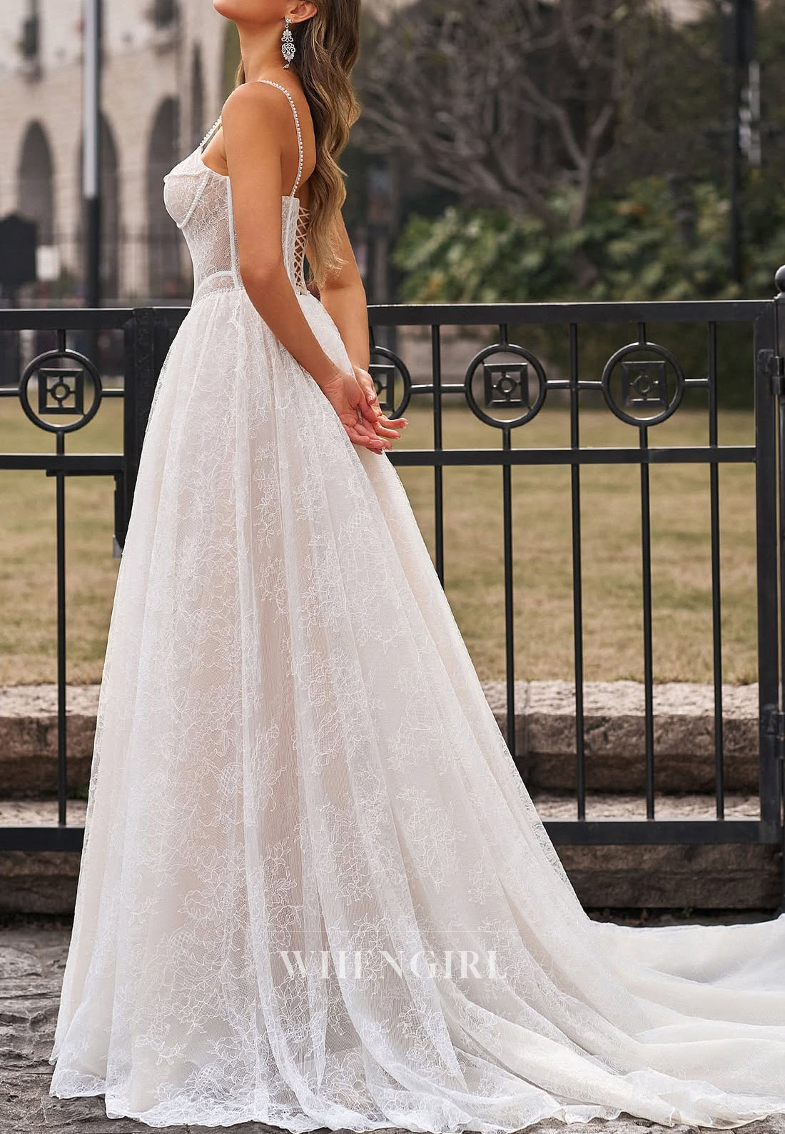 Bateau Neck Spaghetti Straps Sleeveless Corset A-Line Lace Wedding Dress with Court Train