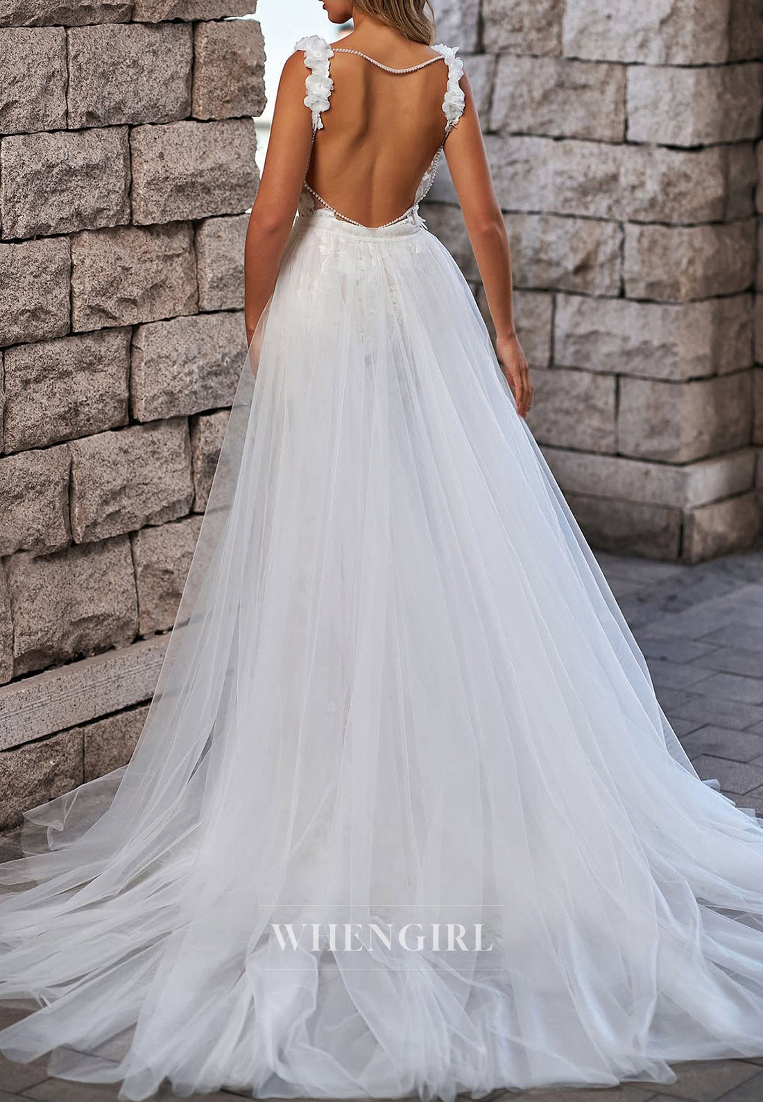 V Neck Regular Straps Sleeveless Backless Sheath Wedding Dress with Removable Train
