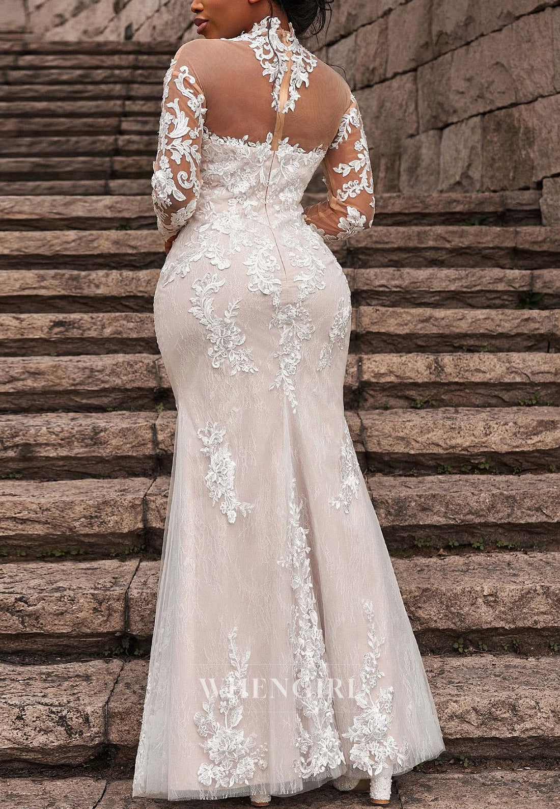 Long Sleeves High neck Sheath Lace Wedding Dress with Removable Chaple Train