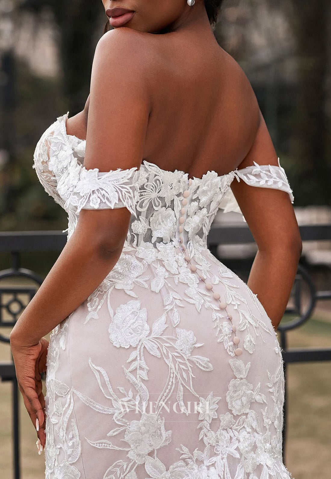 Off Shoulder Appliqued Lace Button Sweep Train Mermaid Wedding Dress