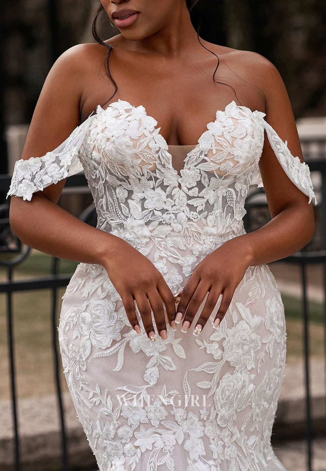 Off Shoulder Appliqued Lace Button Sweep Train Mermaid Wedding Dress