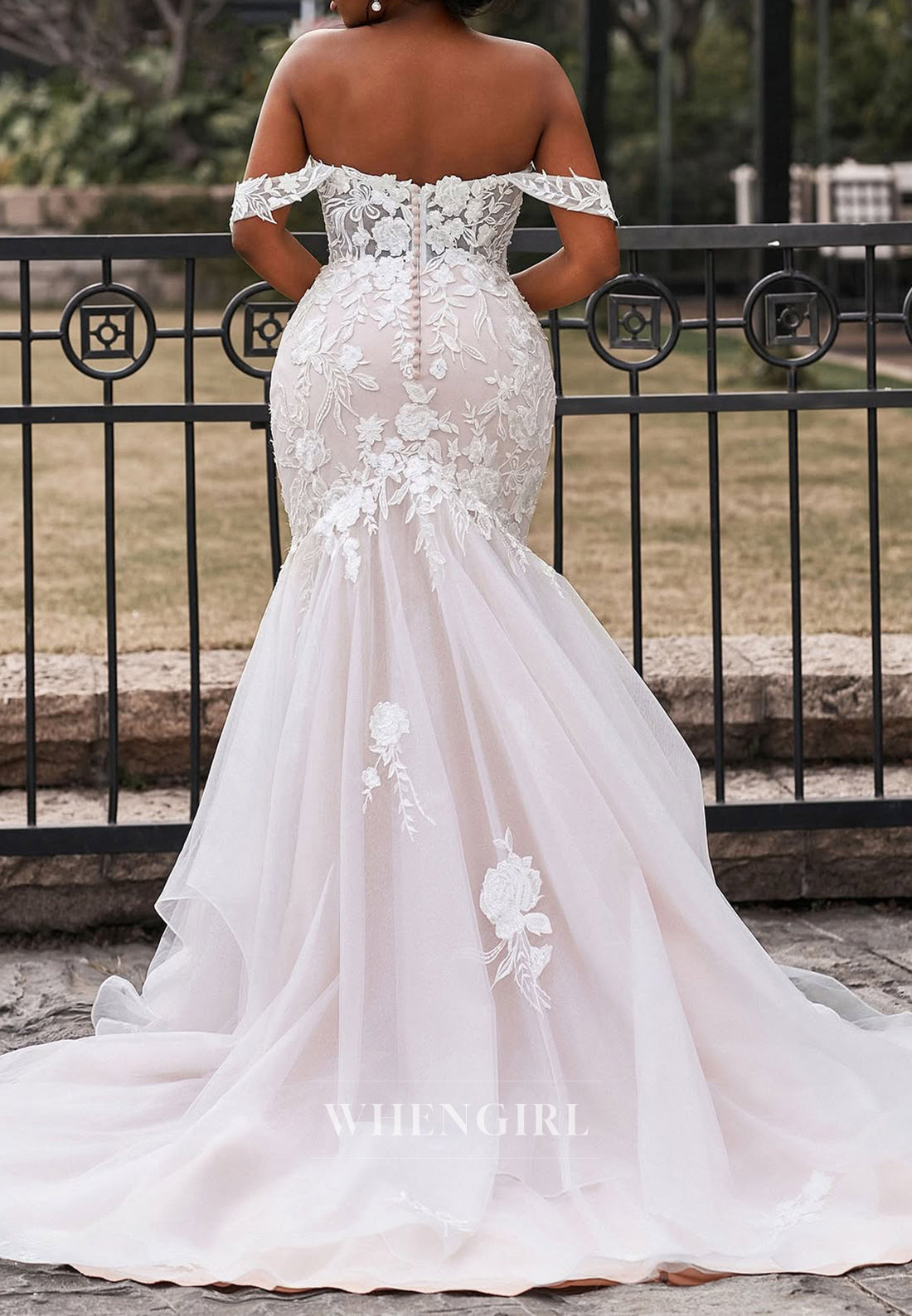 Off Shoulder Appliqued Lace Button Sweep Train Mermaid Wedding Dress