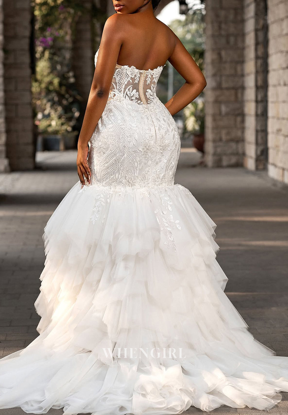 Sweetheart Embroidery Sleeveless Multi Tiered Hem Sweep Train Mermaid Wedding Dress