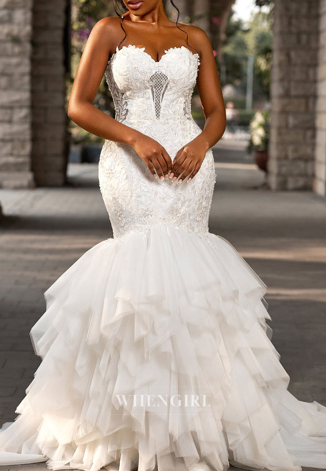 Sweetheart Embroidery Sleeveless Multi Tiered Hem Sweep Train Mermaid Wedding Dress